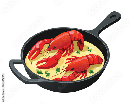Delicious Cooked Lobster in a Creamy Sauce, Served in a Black Skillet with Fresh Parsley Garnish - Vector Illustration	
