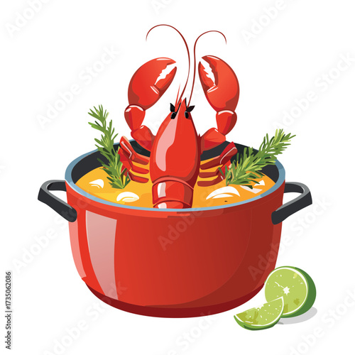 Whole Steamed Lobster Being Prepared in a Red Stockpot, Garnished with Fresh Lime Slices and Aromatic Spices - Vector Illustration	