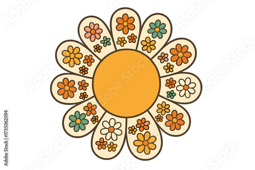 Retro groovy flower in 70s hippie style. Flower power concept. Daisy chamomile illustration with floral pattern. Vintage graphic print for t-shirt, sticker. Nostalgia.