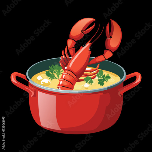 Rich Lobster Bisque Served in a Red Pot on a Black Background, Garnished with Herbs for a Dramatic Presentation - Vector Illustration	