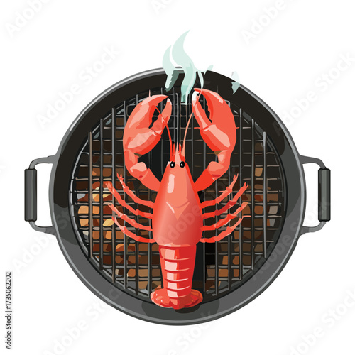 Single large red lobster placed on a round, black barbecue grill grate, indicating the start of a delicious outdoor cookout - Vector Illustration