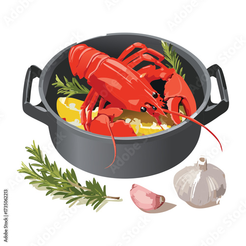 Richly detailed black cooking pot holding a perfectly steamed whole red lobster, surrounded by garlic and fresh herbs - Vector Illustration