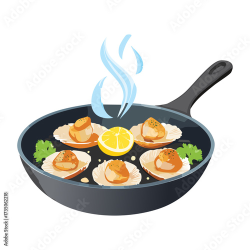 Classic black cast iron skillet containing fresh scallops with a hint of lemon, cooking over heat with steam visibly rising - Vector Illustration