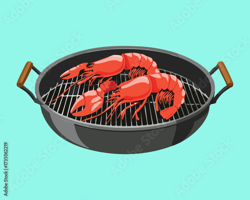 Whole cooked red lobsters sitting on a black charcoal barbecue, ready to be served for a fancy outdoor summer dinner party - Vector Illustration