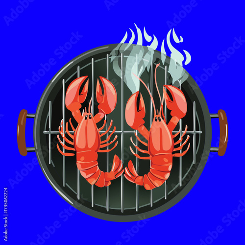 Two whole red lobsters being grilled on a smoky barbecue grate, symbolizing a luxurious and fresh summer seafood feast - Vector Illustration