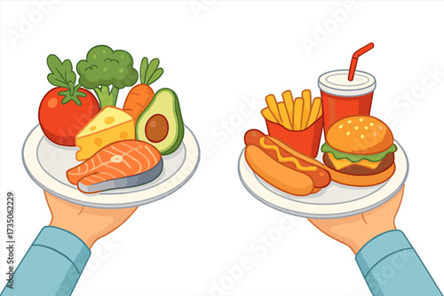 Food choice concept. Healthy organic meal versus junk fast food. Plate with fresh vegetables, fish, cheese against hamburger, fries. Diet decision, nutrition balance vector.