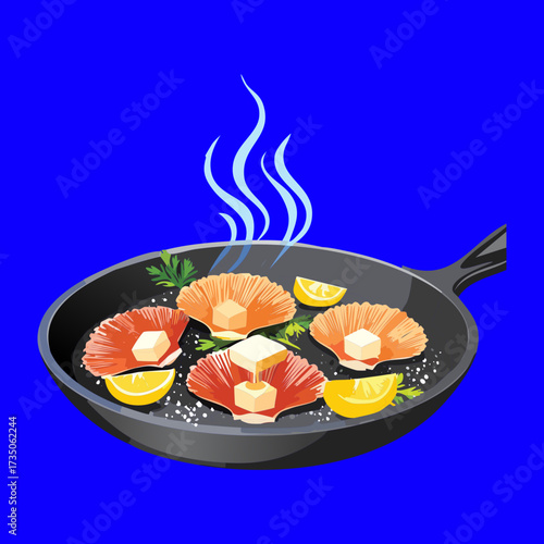 Hot cast iron skillet filled with steamed scallops, prawns, and lemon slices, sizzling beautifully over a smoky fire - Vector Illustration