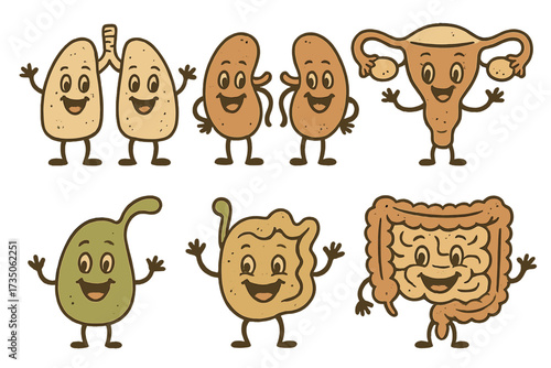 Happy human internal organs characters set. Cute retro cartoon mascots. Lungs, kidneys, uterus, gallbladder, intestines. Vector vintage doodle style medical anatomy illustration.