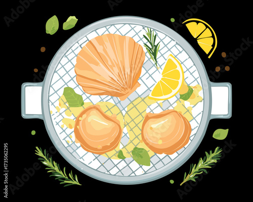 large seared scallops plated beautifully in a dark black bowl with creamy sauce, a lemon wedge, and green herbs - Vector Illustration	