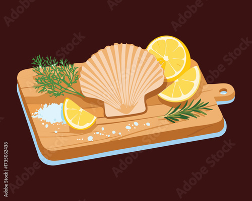 Fresh raw scallops on a wooden cutting board with lemon wedges, sea salt, and aromatic rosemary sprigs, ready for cooking - Vector Illustration	