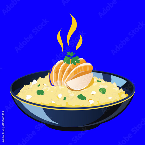 Steaming bowl of creamy yellow polenta or risotto topped with melted cheese, fresh herbs, and savory garnish for a warm meal - Vector Illustration	