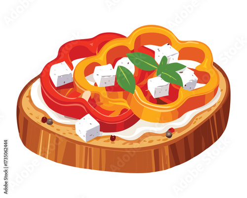 Artisan bruschetta with sourdough bread, roasted red pepper, feta cheese, and green herbs against a vibrant blue background - Vector Illustration	