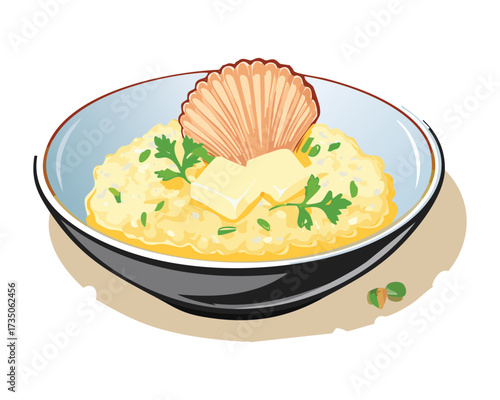 Rich mashed potatoes or polenta served in a dark blue bowl with a square of melting butter and green herbs garnish - Vector Illustration	