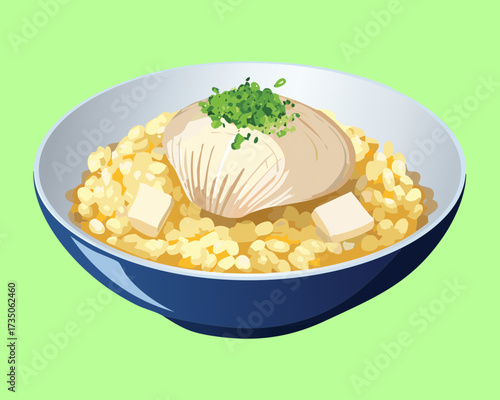 Creamy yellow polenta bowl with a perfectly poached egg and chopped fresh parsley garnish, a comforting rustic meal - Vector Illustration	