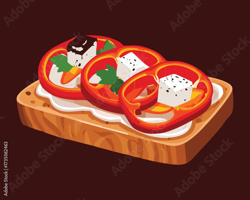 Delicious toasted bread slice topped with vibrant red peppers, crumbled goat cheese, and black olives on a gourmet wooden serving board - Vector Illustration	