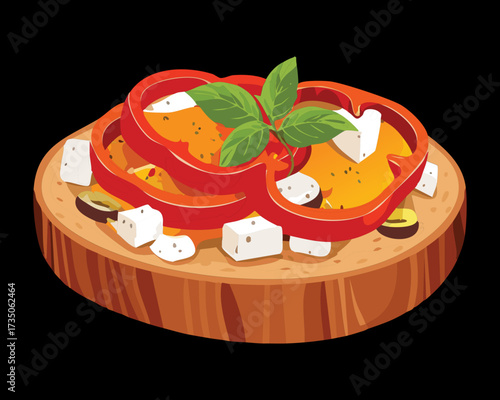 Rustic open-face sourdough toast with roasted red bell peppers, white feta cheese, and fresh basil on a wooden cutting board - Vector Illustration	
