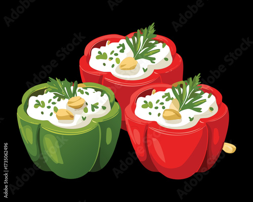 Halved green and red bell peppers filled with rice, feta cheese, and herbs, a low-carb and healthy meal - Vector Illustration	