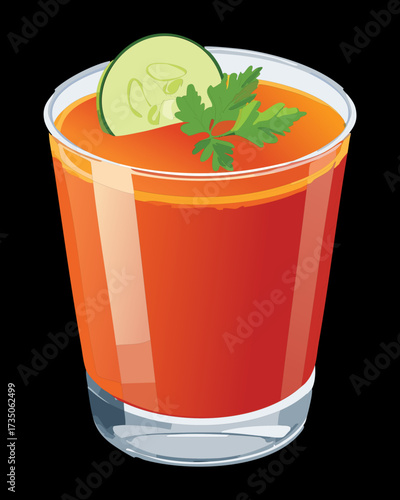 Classic Bloody Mary cocktail or gazpacho soup in a glass with a cucumber garnish, a refreshing savory drink - Vector Illustration	