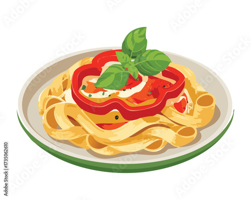 Fettuccine Pasta with Creamy Tomato Sauce Garnished with a Slice of Red Pepper and Basil Leaves - Vector Illustration	