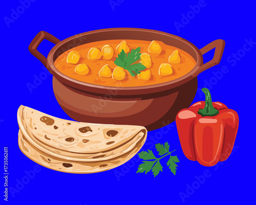 Traditional Style Pasta with Chickpea Curry Sauce in a Ceramic Bowl Served with Flatbread and Red Peppers - Vector Illustration	