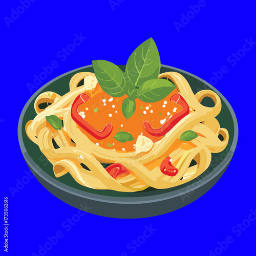 Delicious Pasta Dish Topped with Rich Tomato Sauce, Fresh Basil, and a Generous Sprinkle of Grated Cheese - Vector Illustration	