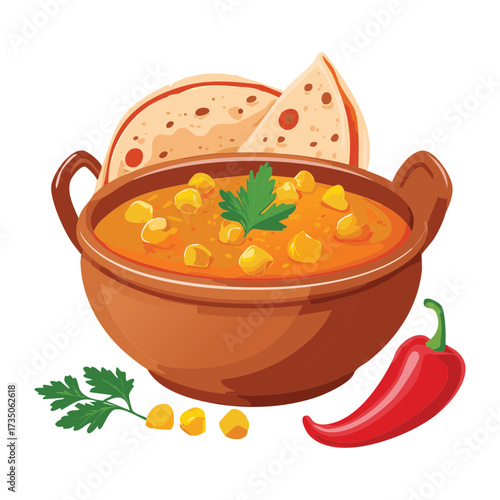 Earthenware Bowl with Hearty Chickpea Stew, Served Alongside Flatbread and a Hint of Red Chili - Vector Illustration	