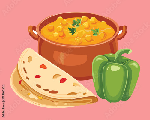 A Clay Pot Filled with Rich Chickpea Curry and Accompanying Fresh Tortilla Bread and Sliced Green Peppers - Vector Illustration	