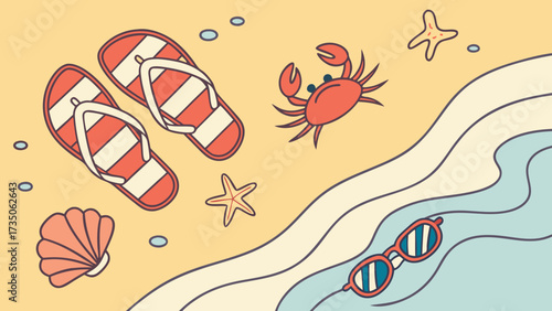 Vibrant beach day illustration featuring flip flops, sunglasses, a crab, and starfish creating a fun summer vacation vibe, a whimsical seaside escape