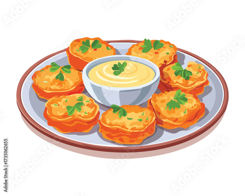 A Tray of Small Round Fried Delicacies Paired with a Zesty Creamy Dip for a Perfect Appetizer Setting - Vector Illustration	