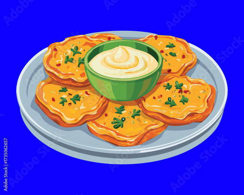 Close-up View of Crispy Potato Fritters Served with a Bowl of Cool Sour Cream and Garnish - Vector Illustration	