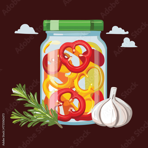 A preserving glass jar filled with sliced red bell pepper rings, whole garlic cloves, and fresh parsley for pickling - Vector Illustration