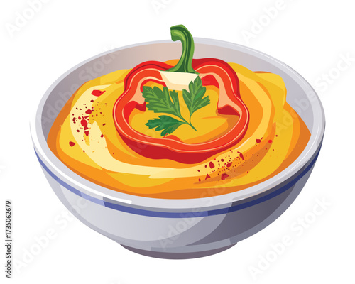 Appetizing bowl of smooth vegetable puree or hummus, beautifully garnished with sliced red bell pepper rings and fresh parsley - Vector Illustration

