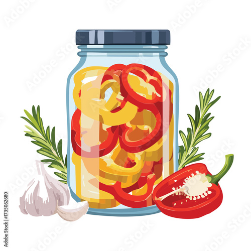 Glass jar of homemade preserved or pickled bell peppers, marinated with fresh rosemary sprigs and whole cloves of garlic - Vector Illustration