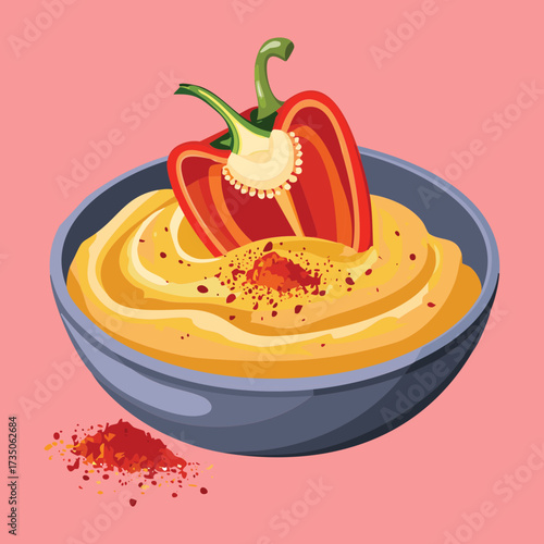 A dark bowl of smooth, creamy hummus dip, featuring a whole red bell pepper as a central, edible garnish - Vector Illustration