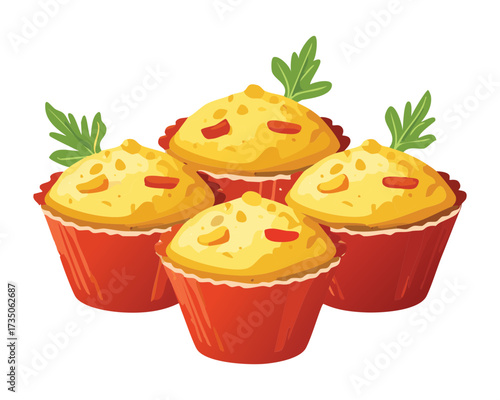 freshly baked savory muffins with green herb and red pepper toppings, presented in simple, elegant red paper cups - Vector Illustration

