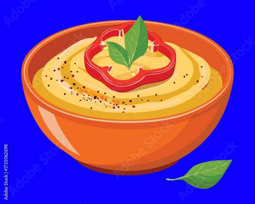 Creamy bowl of hummus or vegetable dip, generously garnished with a red bell pepper slice and a sprinkle of paprika - Vector Illustration