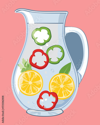 Clear glass pitcher filled with refreshing fruit-infused water, containing sliced lemon, lime, and orange for a citrusy summer drink - Vector Illustration