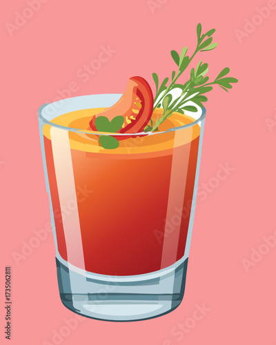Refreshing glass of savory gazpacho or pepper juice garnished with a chili slice and fresh parsley, perfect for a spicy drink - Vector Illustration

