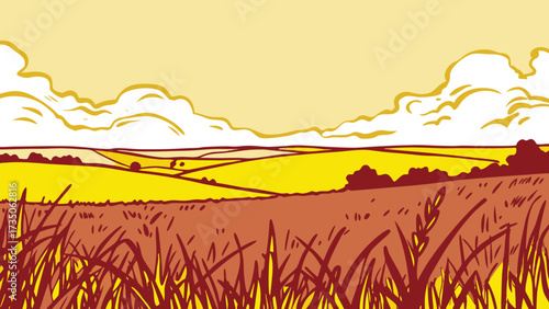 Breathtaking golden wheat field and rolling hills landscape, perfect for showcasing nature's beauty and agricultural landscapes, creating a serene and peaceful mood