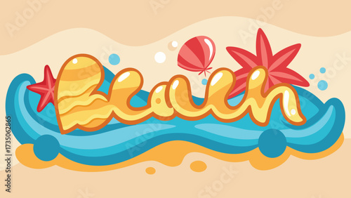 Fun vibrant beach design featuring starfish and waves, perfect for summer promotions and coastal themed projects with a playful, cartoon style