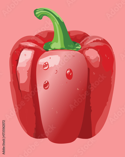 Vibrant red bell pepper with shining water droplets on its smooth skin, highlighting its freshness and delicious, juicy quality - Vector Illustration