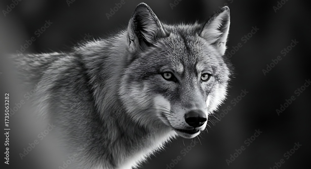 Obraz premium Intense close up portrait of a gray wolf in black and white