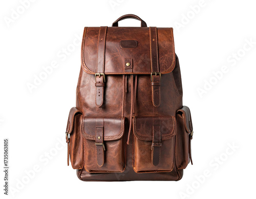 A rugged, detailed leather backpack with multiple pockets and secure closures