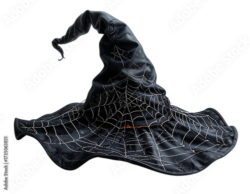 Isolated Black Witch Hat with Spiderweb Detailing and Halloween Theme on Transparent Background