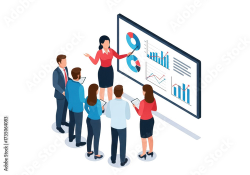 Business meeting with presentation and data charts isolated on transparent background