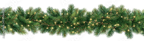 Beautiful garland made of lush green Christmas tree branches adorned with warm white lights, perfect for festive decorations and creating cozy atmosphere during holiday season