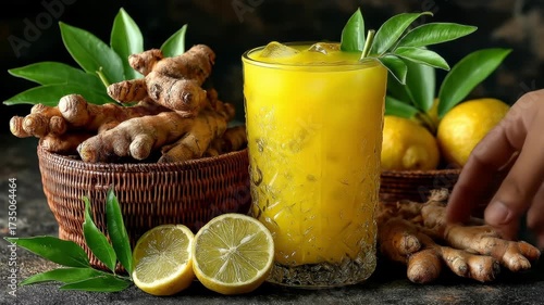 Golden Yellow Ginger Turmeric Juice with Lemon and Ice