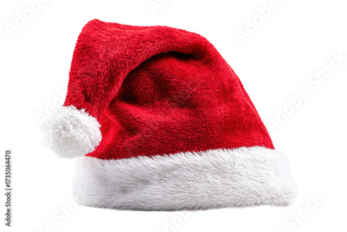 Vibrant red Santa hat with fluffy white trim and pom pom, perfect for festive celebrations and holiday spirit. This accessory adds joy and cheer to any Christmas outfit