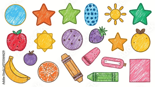 Colorful, creative, vibrant background of fruits, suns, stars, eggs, crayons ideal for education, childrens activities, art, and playful designs.