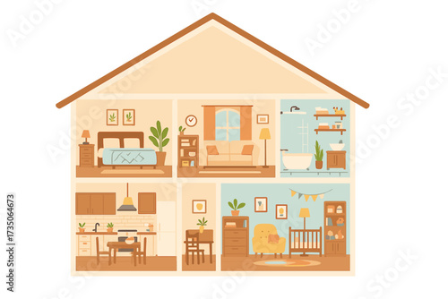 House in cut. Detailed interior with furniture. Home cross-section with rooms: living room, kitchen, bedroom, nursery, bathroom. Flat cartoon vector illustration. Architecture plan.